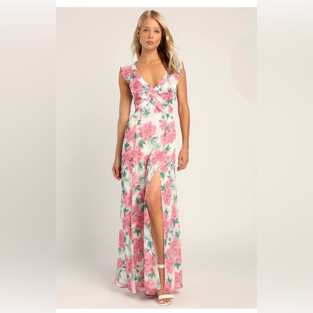 Lulu’s Sensational Spring White Floral Print Ruffled Maxi Dress